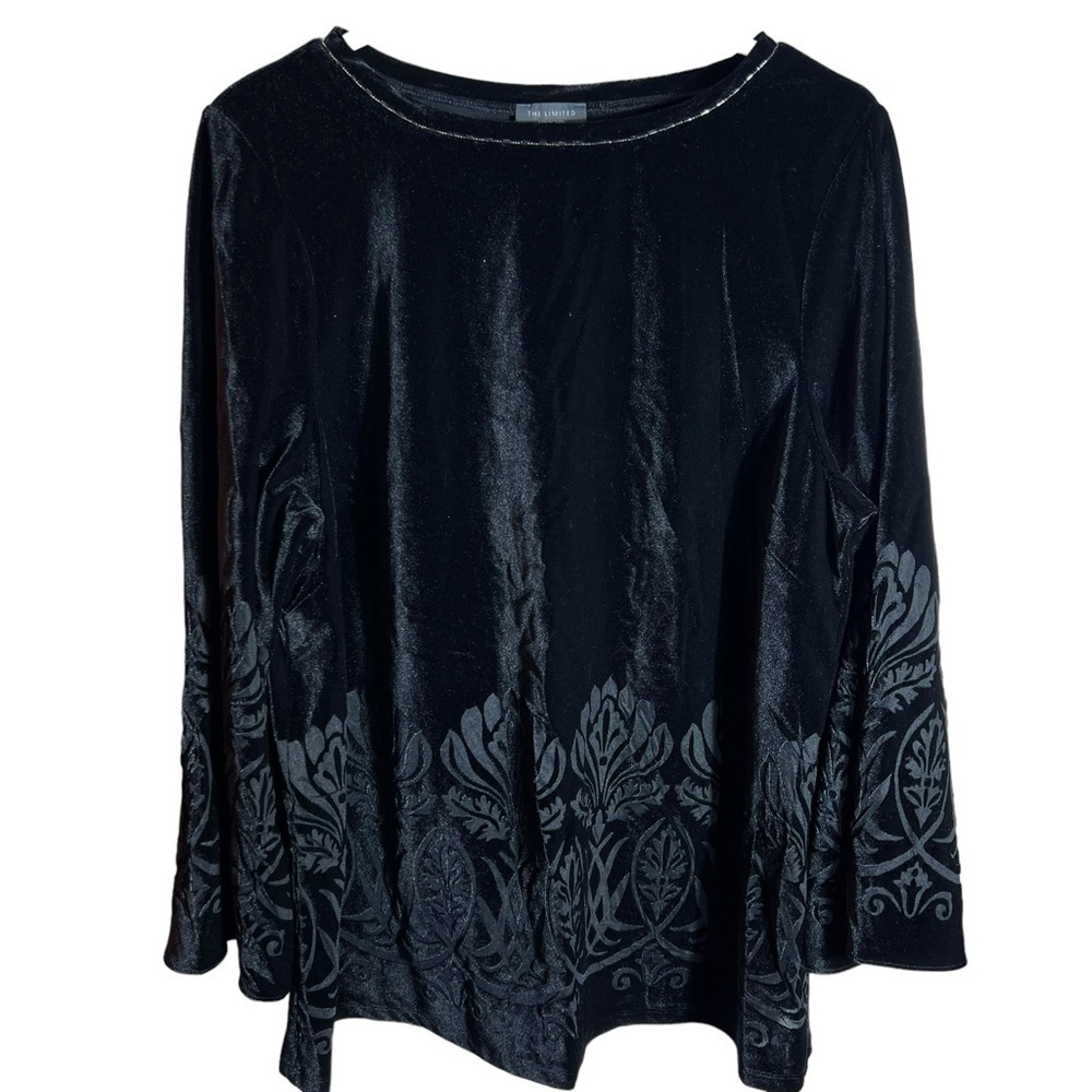 The Limited Black Velour Long Sleeve Peony Flower Burnout Blouse, NWT, Large
